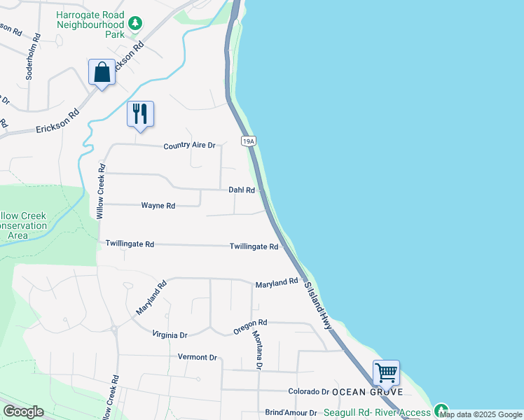 map of restaurants, bars, coffee shops, grocery stores, and more near 3170 South Island Highway in Campbell River