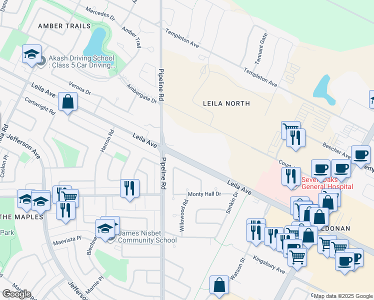 map of restaurants, bars, coffee shops, grocery stores, and more near 1235 Leila Avenue in Winnipeg