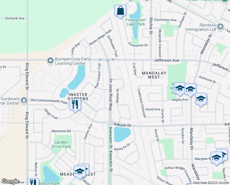 map of restaurants, bars, coffee shops, grocery stores, and more near 94 Khalsa Street in Winnipeg