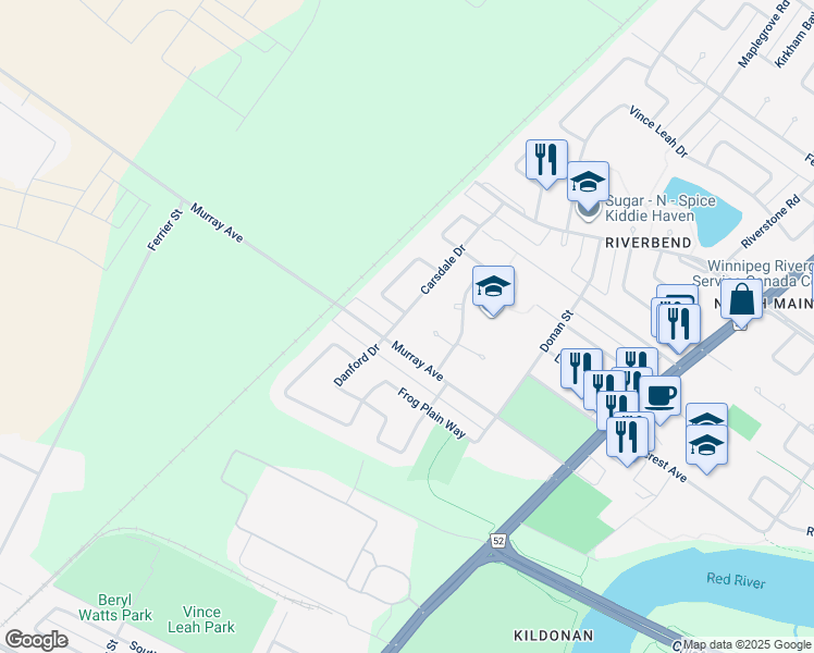 map of restaurants, bars, coffee shops, grocery stores, and more near 15 Carsdale Drive in Winnipeg