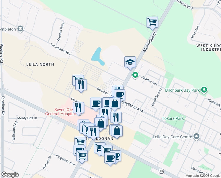 map of restaurants, bars, coffee shops, grocery stores, and more near 2390 McPhillips Street in Winnipeg