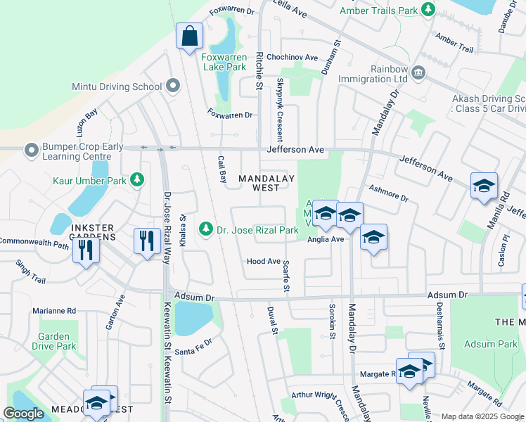 map of restaurants, bars, coffee shops, grocery stores, and more near 183 Leahcrest Crescent in Winnipeg
