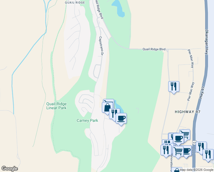map of restaurants, bars, coffee shops, grocery stores, and more near Country Club Drive in Kelowna