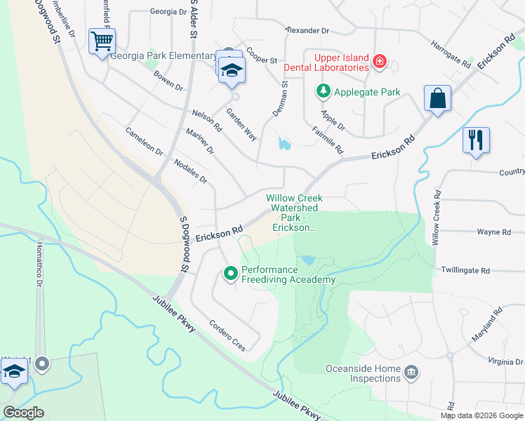 map of restaurants, bars, coffee shops, grocery stores, and more near 858 Erickson Road in Campbell River