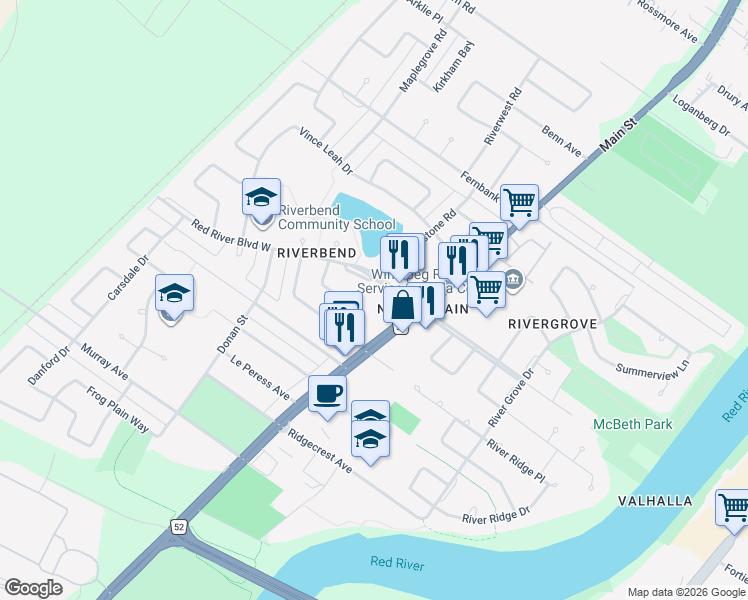 map of restaurants, bars, coffee shops, grocery stores, and more near 50 Red River Boulevard West in Winnipeg