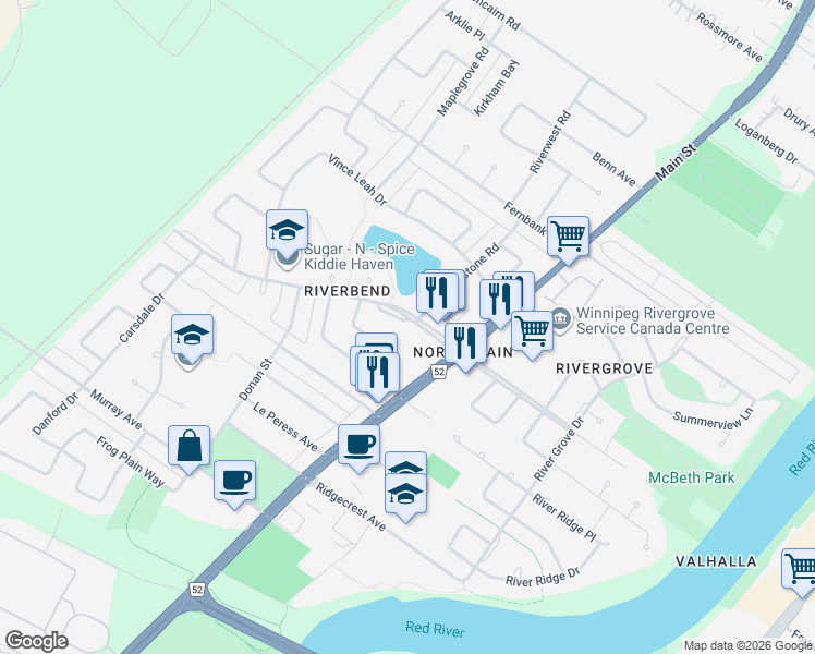 map of restaurants, bars, coffee shops, grocery stores, and more near 50 Red River Boulevard West in Winnipeg