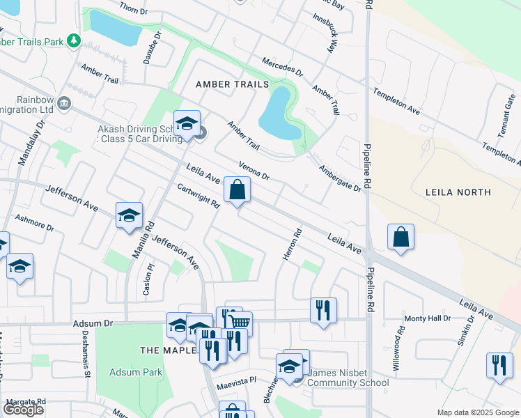 map of restaurants, bars, coffee shops, grocery stores, and more near 1416 Leila Avenue in Winnipeg