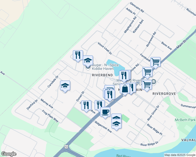 map of restaurants, bars, coffee shops, grocery stores, and more near 181 Timberwood Trail in Winnipeg