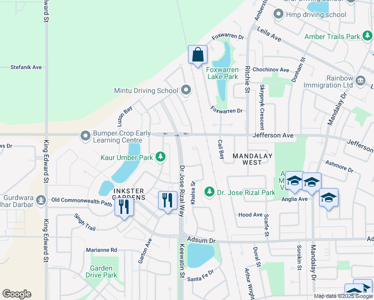 map of restaurants, bars, coffee shops, grocery stores, and more near 249 Khalsa Street in Winnipeg