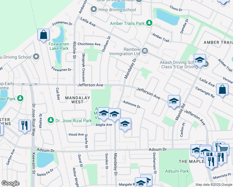 map of restaurants, bars, coffee shops, grocery stores, and more near 500 Mandalay Drive in Winnipeg