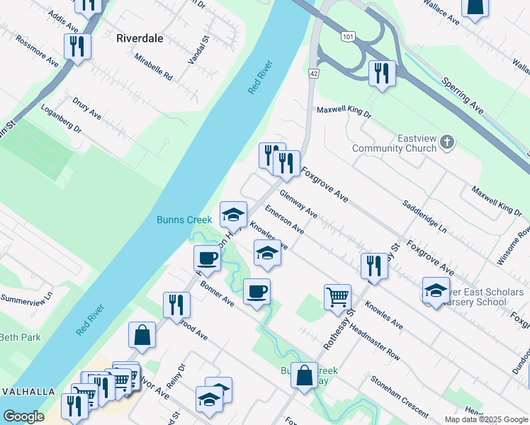 map of restaurants, bars, coffee shops, grocery stores, and more near in Winnipeg
