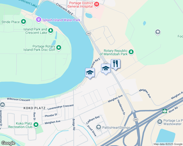 map of restaurants, bars, coffee shops, grocery stores, and more near 717 Crescent Road East in Portage la Prairie