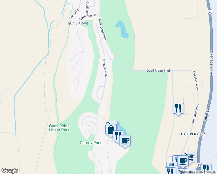 map of restaurants, bars, coffee shops, grocery stores, and more near 2197 Capistrano Drive in Kelowna