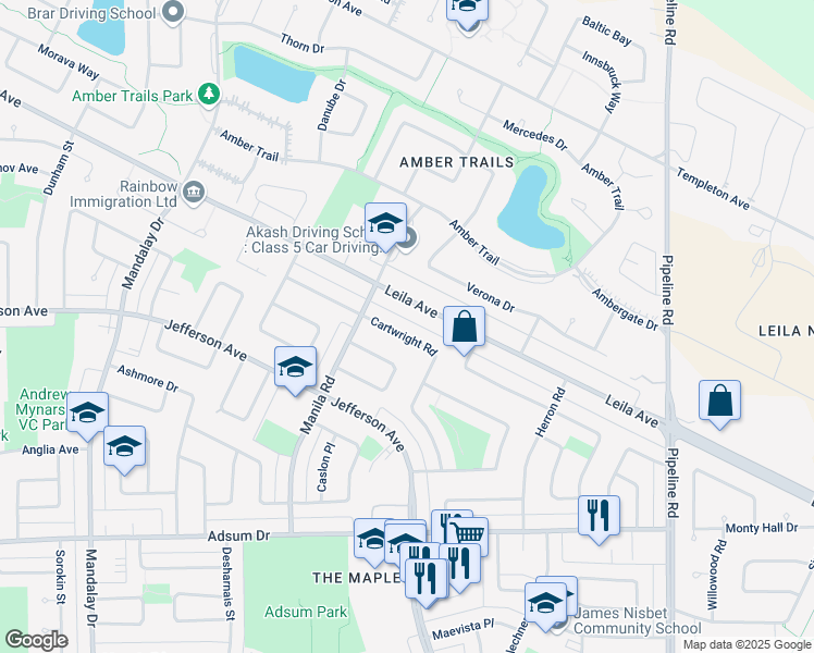 map of restaurants, bars, coffee shops, grocery stores, and more near 131 Cartwright Road in Winnipeg