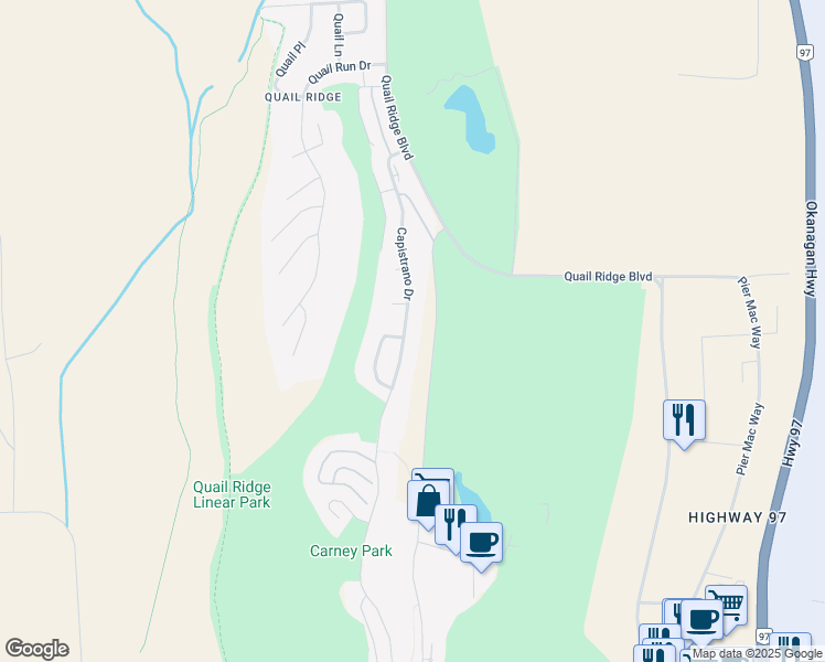 map of restaurants, bars, coffee shops, grocery stores, and more near 2197 Capistrano Drive in Kelowna