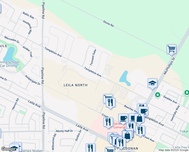 map of restaurants, bars, coffee shops, grocery stores, and more near 1200 Templeton Avenue in Winnipeg