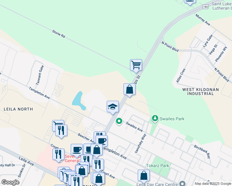 map of restaurants, bars, coffee shops, grocery stores, and more near 2610 McPhillips Street in Winnipeg