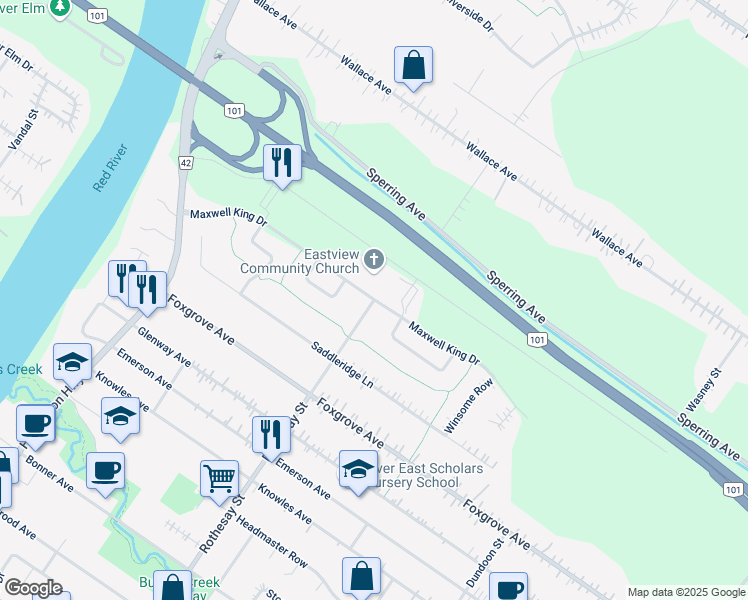 map of restaurants, bars, coffee shops, grocery stores, and more near Maxwell King Drive in East Saint Paul