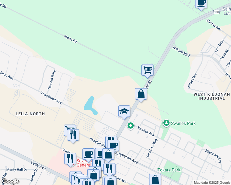 map of restaurants, bars, coffee shops, grocery stores, and more near 2610 McPhillips Street in Winnipeg