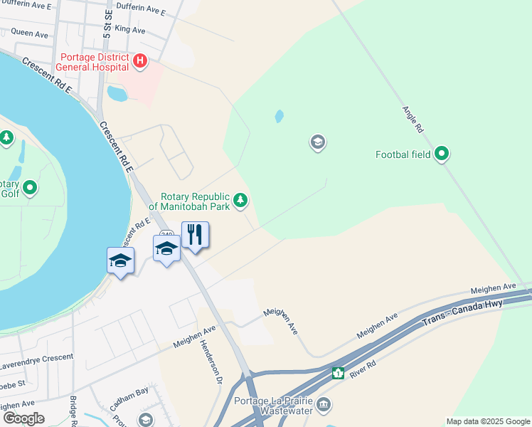 map of restaurants, bars, coffee shops, grocery stores, and more near 124 Cambridge Street in Portage la Prairie