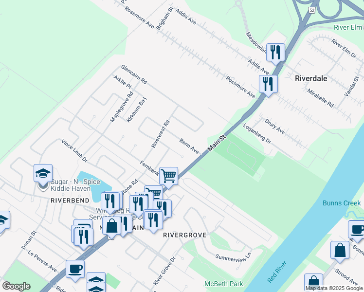 map of restaurants, bars, coffee shops, grocery stores, and more near 278 Benn Avenue in Winnipeg