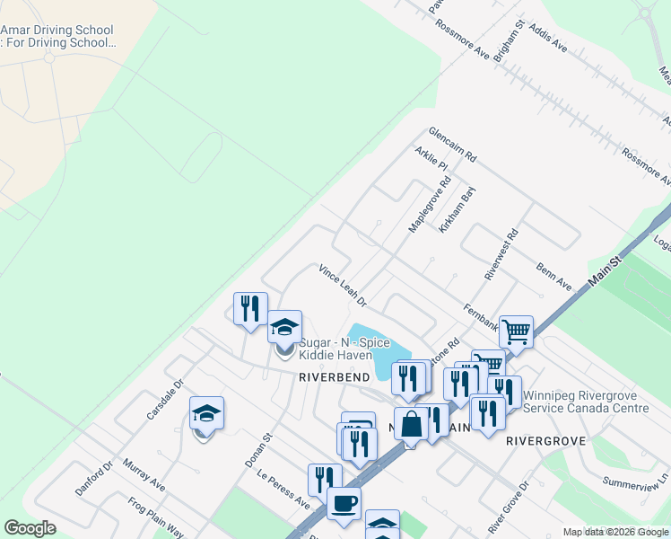 map of restaurants, bars, coffee shops, grocery stores, and more near 130 Vince Leah Drive in Winnipeg