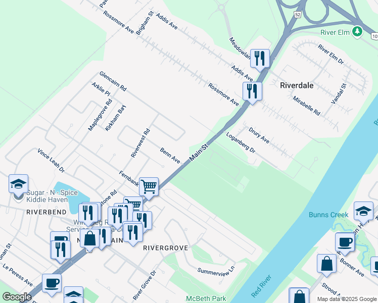 map of restaurants, bars, coffee shops, grocery stores, and more near 2766 Main Street in Winnipeg