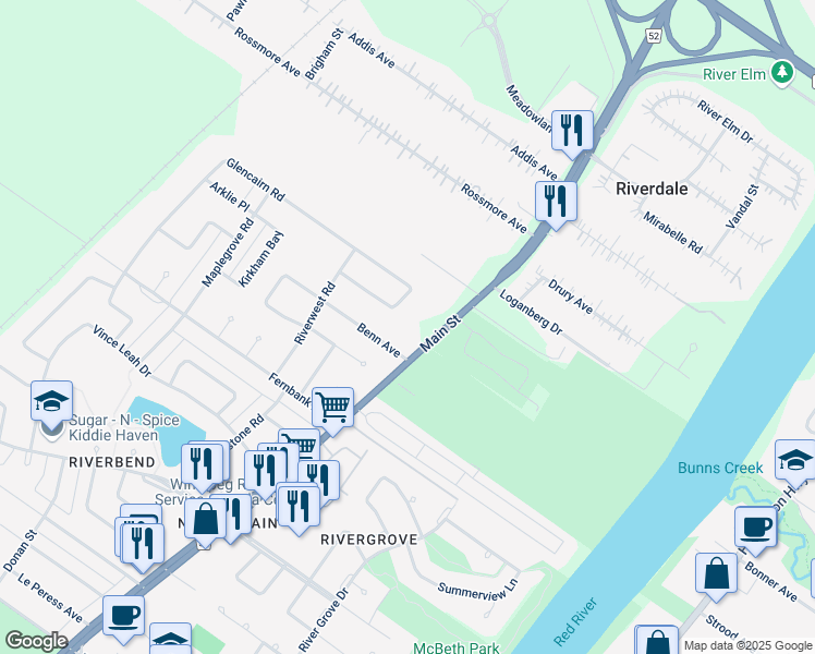 map of restaurants, bars, coffee shops, grocery stores, and more near 2766 Main Street in Winnipeg