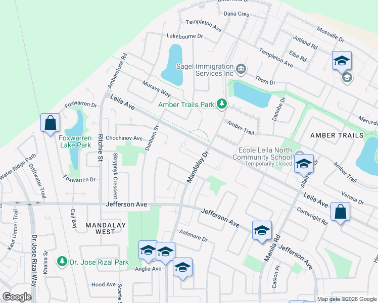 map of restaurants, bars, coffee shops, grocery stores, and more near 18 Nihal Bay in Winnipeg