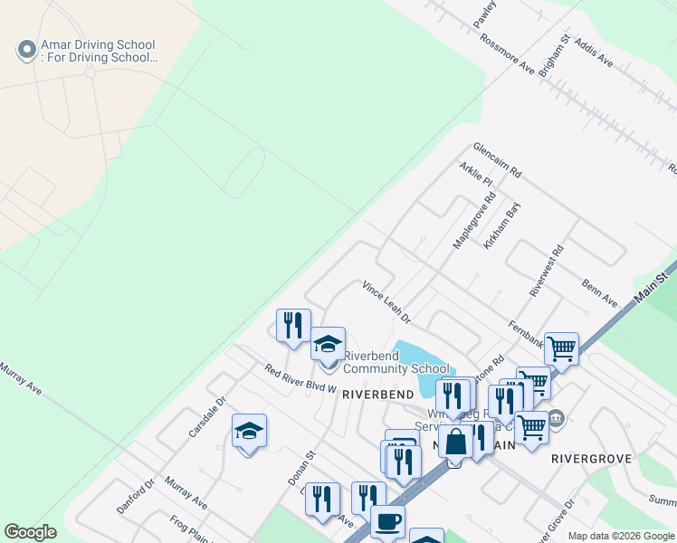 map of restaurants, bars, coffee shops, grocery stores, and more near 79 Pinetree Crescent in Winnipeg