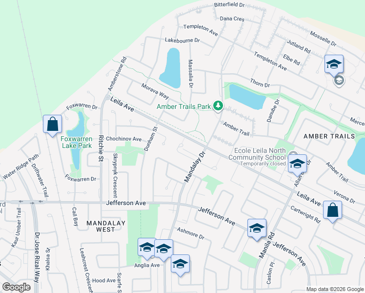 map of restaurants, bars, coffee shops, grocery stores, and more near Nihal Bay in Winnipeg