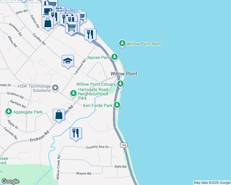 map of restaurants, bars, coffee shops, grocery stores, and more near 2676 South Island Highway in Campbell River