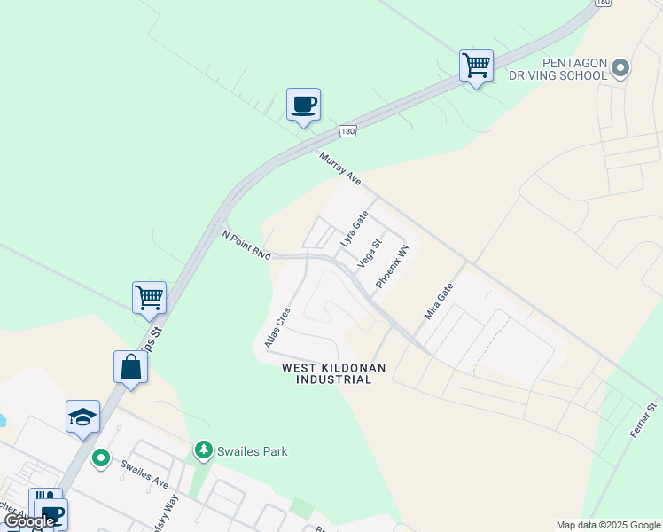 map of restaurants, bars, coffee shops, grocery stores, and more near 115 North Point Boulevard in Winnipeg