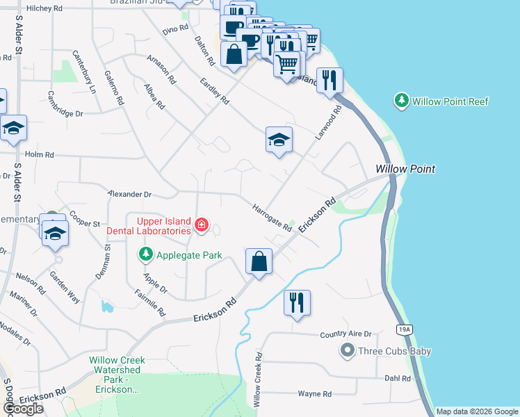 map of restaurants, bars, coffee shops, grocery stores, and more near 357 Harrogate Road in Campbell River