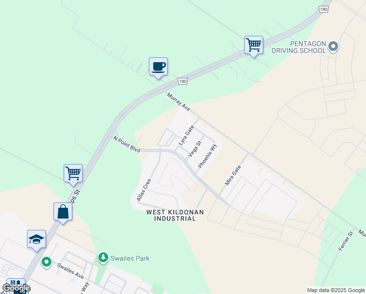 map of restaurants, bars, coffee shops, grocery stores, and more near 115 North Point Boulevard in Winnipeg