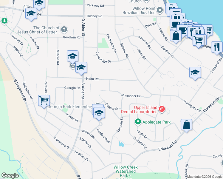 map of restaurants, bars, coffee shops, grocery stores, and more near 634 Alexander Drive in Campbell River