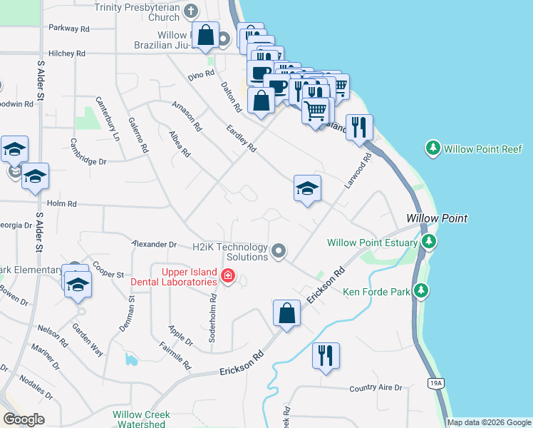 map of restaurants, bars, coffee shops, grocery stores, and more near 396 Harrogate Road in Campbell River