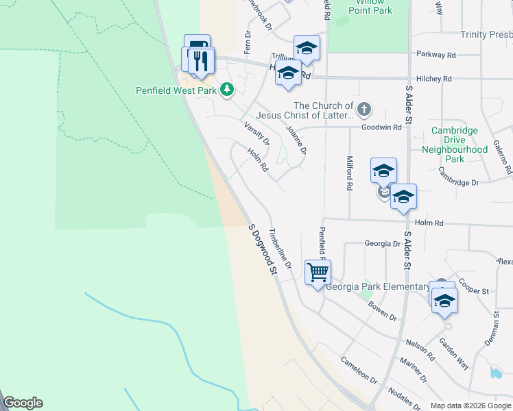 map of restaurants, bars, coffee shops, grocery stores, and more near 930 Timberline Drive in Campbell River