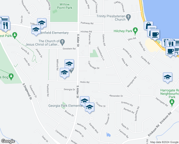 map of restaurants, bars, coffee shops, grocery stores, and more near 635 Buckingham Place in Campbell River