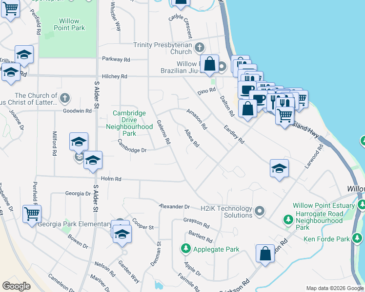 map of restaurants, bars, coffee shops, grocery stores, and more near 428 Raza Place in Campbell River