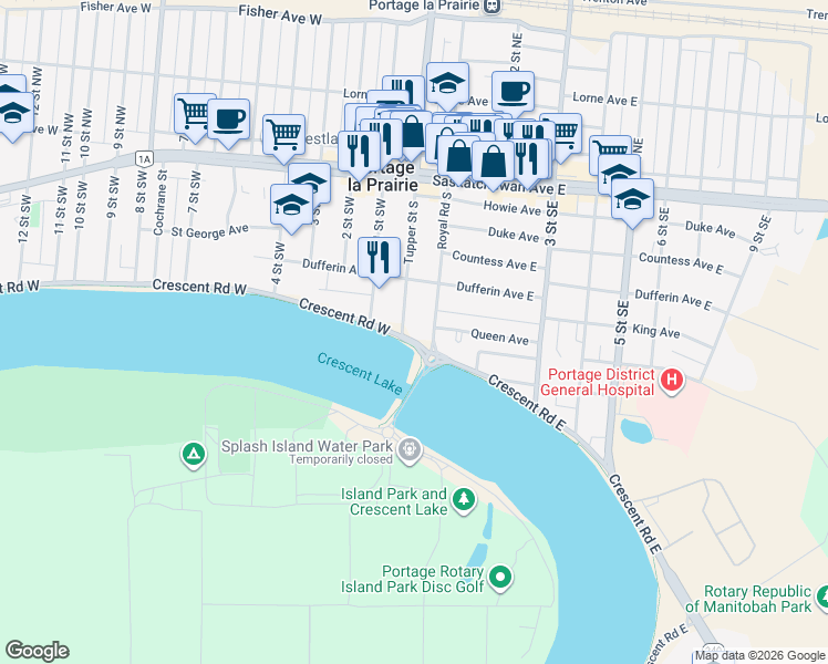 map of restaurants, bars, coffee shops, grocery stores, and more near 10 Crescent Road East in Portage la Prairie