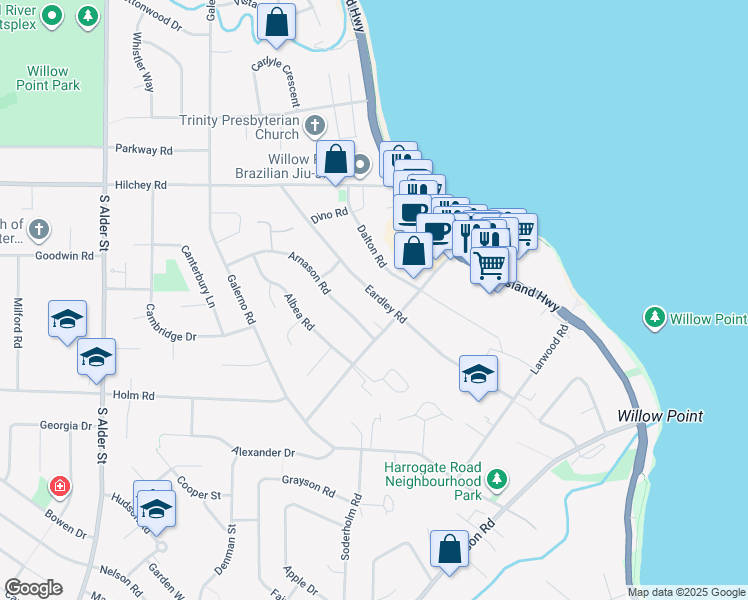 map of restaurants, bars, coffee shops, grocery stores, and more near 2170 Eardley Road in Campbell River