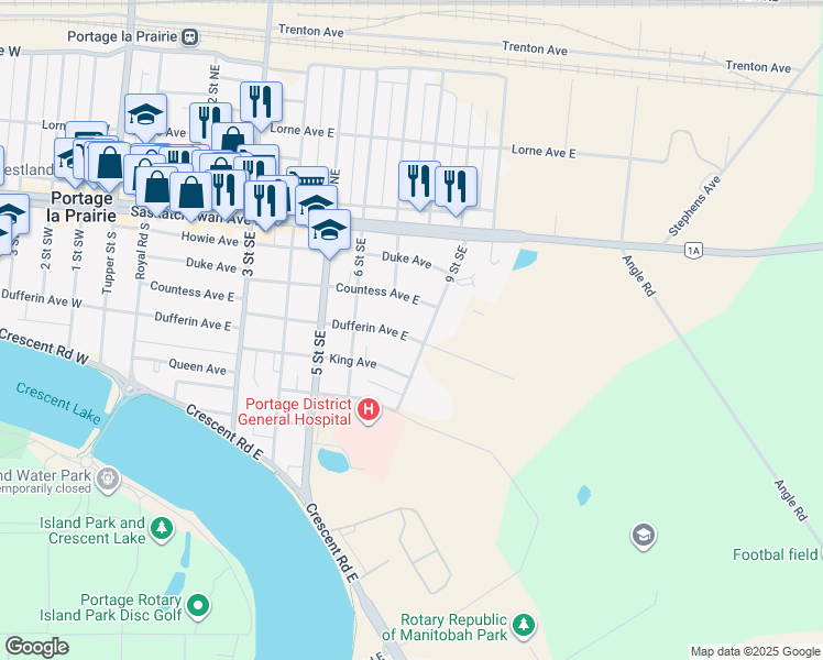 map of restaurants, bars, coffee shops, grocery stores, and more near 1080 Dufferin Avenue East in Portage la Prairie