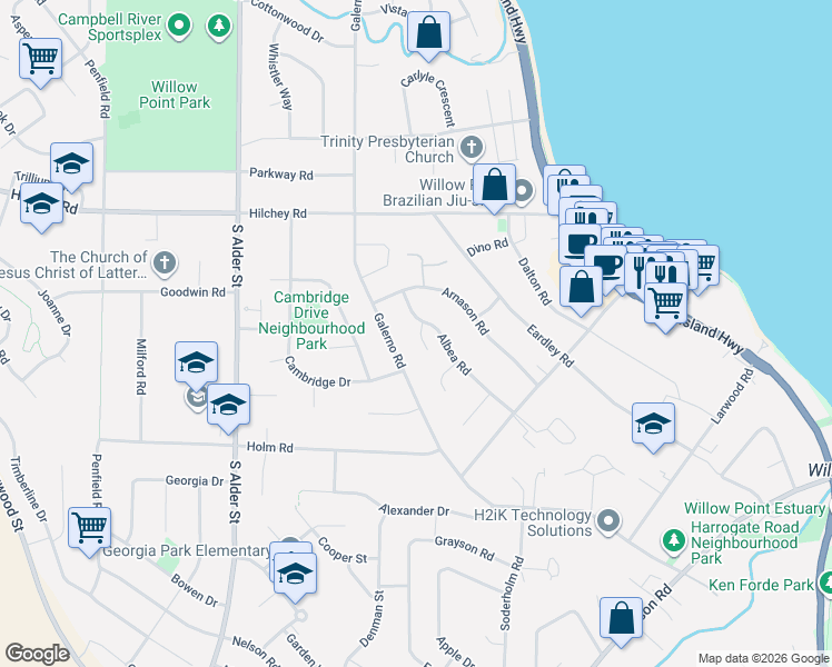 map of restaurants, bars, coffee shops, grocery stores, and more near 428 Raza Place in Campbell River