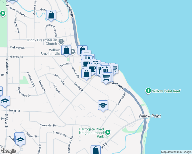 map of restaurants, bars, coffee shops, grocery stores, and more near 1-2204 South Island Highway in Campbell River
