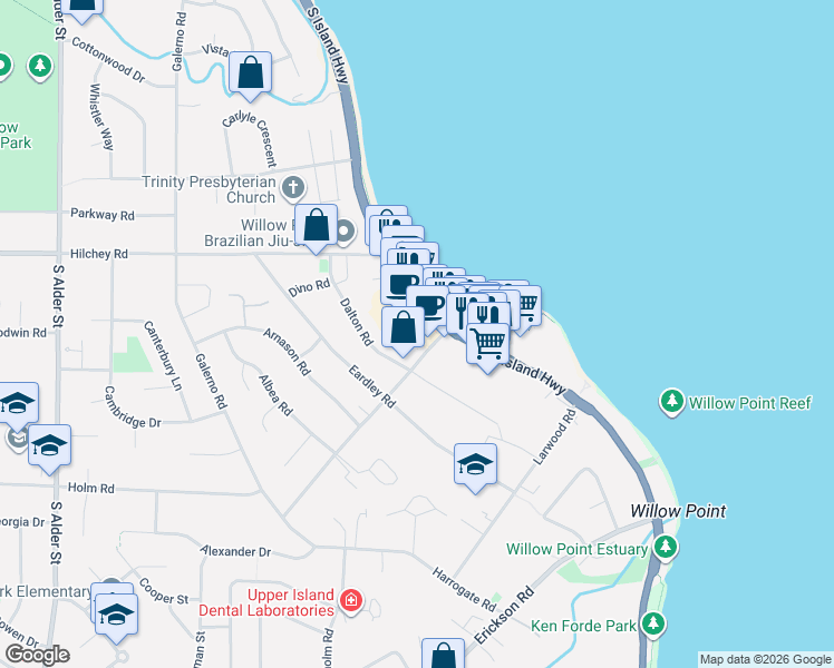 map of restaurants, bars, coffee shops, grocery stores, and more near 80 Westgate Road in Campbell River