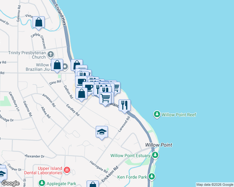 map of restaurants, bars, coffee shops, grocery stores, and more near 2273 South Island Highway in Campbell River
