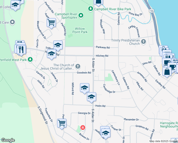 map of restaurants, bars, coffee shops, grocery stores, and more near 410 Goodwin Road in Campbell River