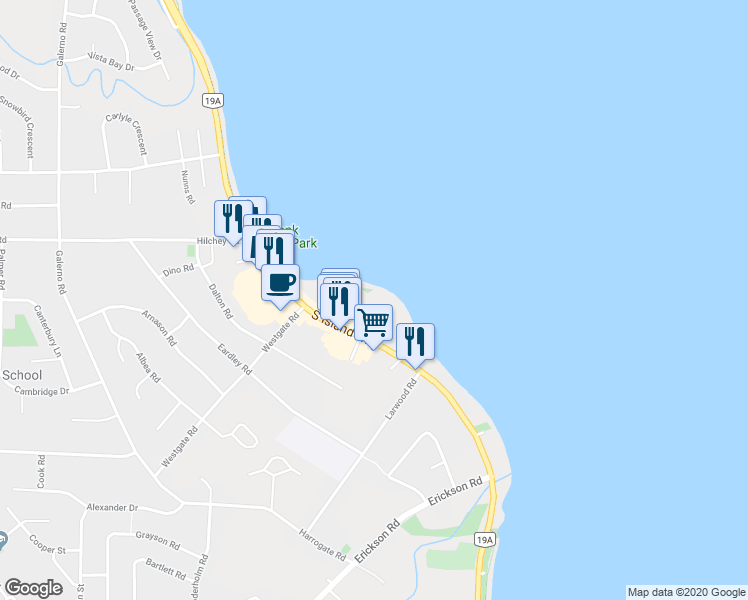 map of restaurants, bars, coffee shops, grocery stores, and more near 2273 South Island Highway in Campbell River