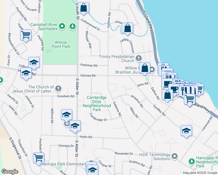 map of restaurants, bars, coffee shops, grocery stores, and more near 2055 Galerno Road in Campbell River